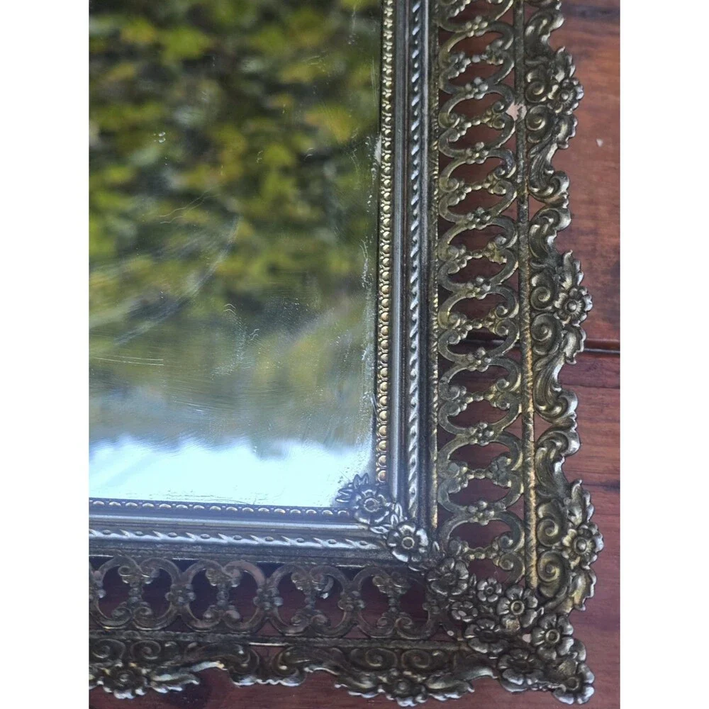 Mirrorred Vanity Tray Hollywood Regency Ornate Gold Tone Filigree 16.5